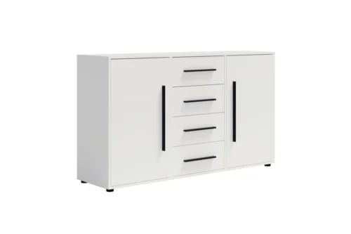 „Maxione“ komoda 150 cm, balta, elegantiško ir universalaus stiliaus komoda miegamajam arba svetainei, skoningos juodos rankenėlės