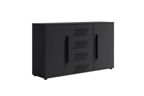 „Maxione“ komoda 150 cm, juoda, elegantiško ir universalaus stiliaus komoda miegamajam arba svetainei, skoningos juodos rankenėlės