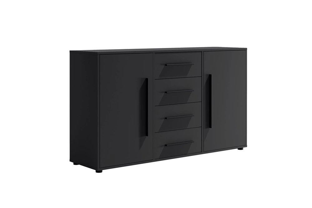 „Maxione“ komoda 150 cm, juoda, elegantiško ir universalaus stiliaus komoda miegamajam arba svetainei, skoningos juodos rankenėlės