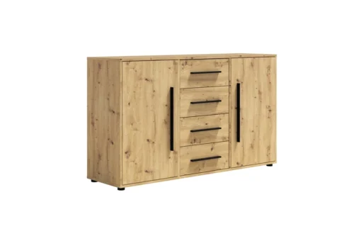 „Maxione“ komoda, 150 cm, meniško ąžuolo spalvos, elegantiško ir universalaus stiliaus komoda miegamajam ar svetainei, skoningos juodos rankenėlės