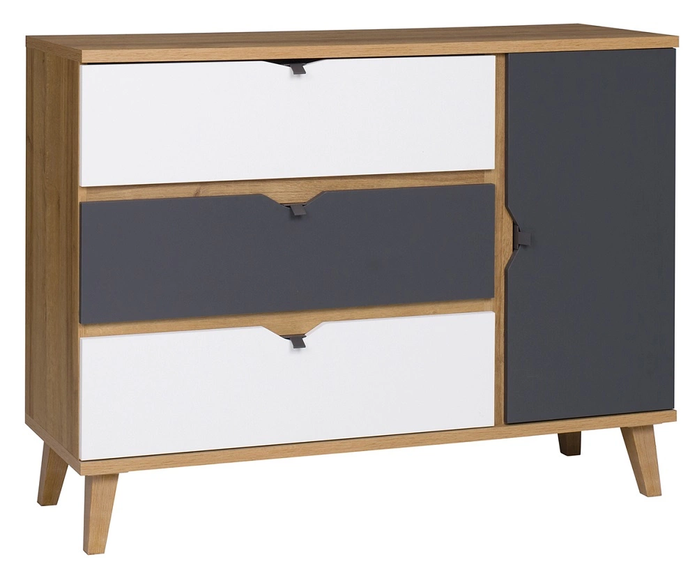 Memone komoda 120 cm auksinio ąžuolo / baltos / grafito spalvos, tobula komoda paauglio ar vaiko kambariui skandinaviško stiliaus