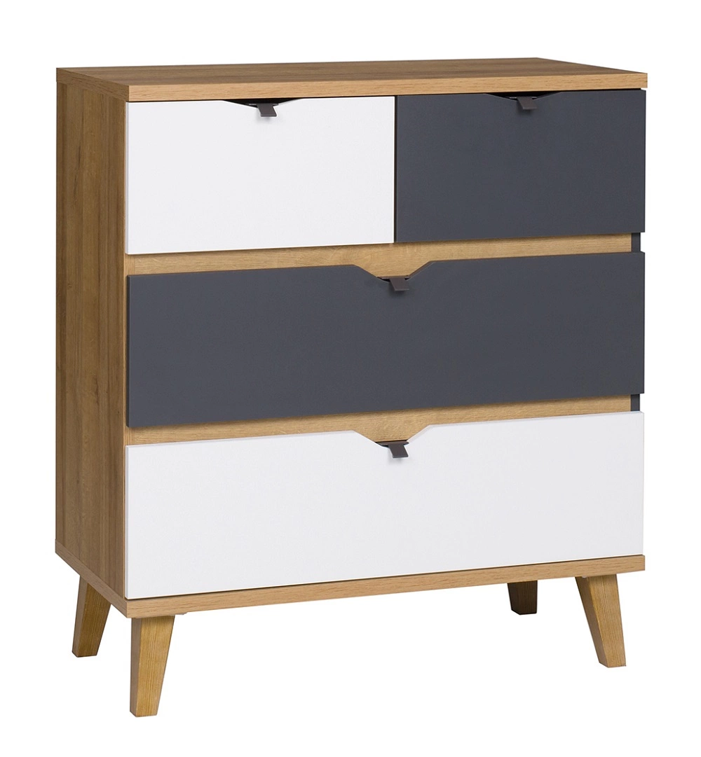 Memone komoda 81 cm auksinio ąžuolo / baltos / grafito spalvos, tobula komoda paauglio ar vaiko kambariui skandinaviško stiliaus