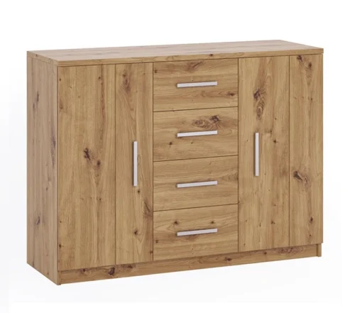 „Rico“ komoda, 120 cm, meniško ąžuolo spalvos funkcionalus baldas, pasižymintis nesenstančiu dizainu, idealiai tinkantis miegamajam arba svetainei