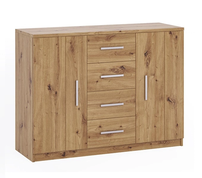 „Rico“ komoda, 120 cm, meniško ąžuolo spalvos funkcionalus baldas, pasižymintis nesenstančiu dizainu, idealiai tinkantis miegamajam arba svetainei