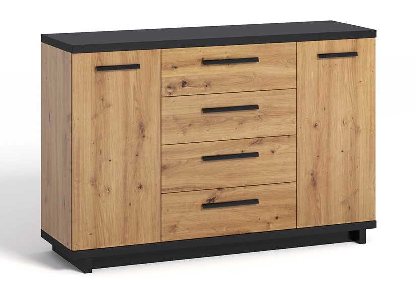 Simi GB komoda, 135 cm, „Artisan Oak“ / juoda, minimalistinis dizainas, klasikinė forma, tobula komoda svetainei ar poilsio kambariui