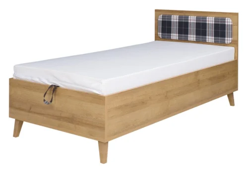 „Memone“ lova, 90×200 cm, auksinio ąžuolo spalvos, su patalynės dėže, puikiai tinkančia vaiko kambariui, su skandinaviško stiliaus apmuštu galvūgaliu