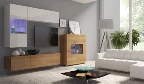 „Apulia III“ sieninė spintelė, baltai blizgi / auksinio ąžuolo spalvos, išskirtinai stilinga sieninė spintelė, paprastų formų, tinkančių bet kokiam interjerui