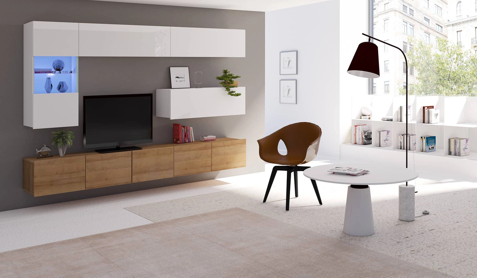 „Apulia IV“ sieninė spintelė, baltai blizgi / auksinio ąžuolo spalvos, išskirtinai stilinga sieninė spintelė, paprastų formų, tinkanti bet kokiam interjerui