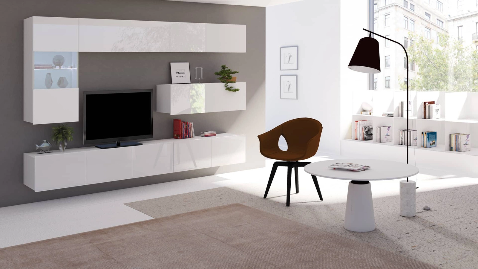 „Apulia IV“ sieninė spintelė, baltai blizgi, išskirtinai stilinga sieninė spintelė, paprastų formų, tinkanti bet kokiam interjerui