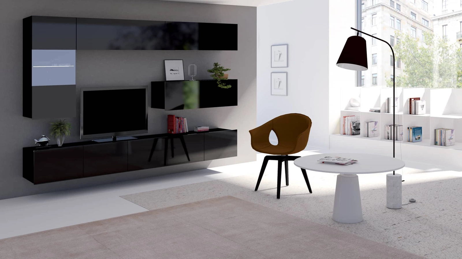 „Apulia IV“ sieninė spintelė, juodai blizgi, išskirtinai stilinga sieninė spintelė, paprastų formų, tinkanti bet kokiam interjerui