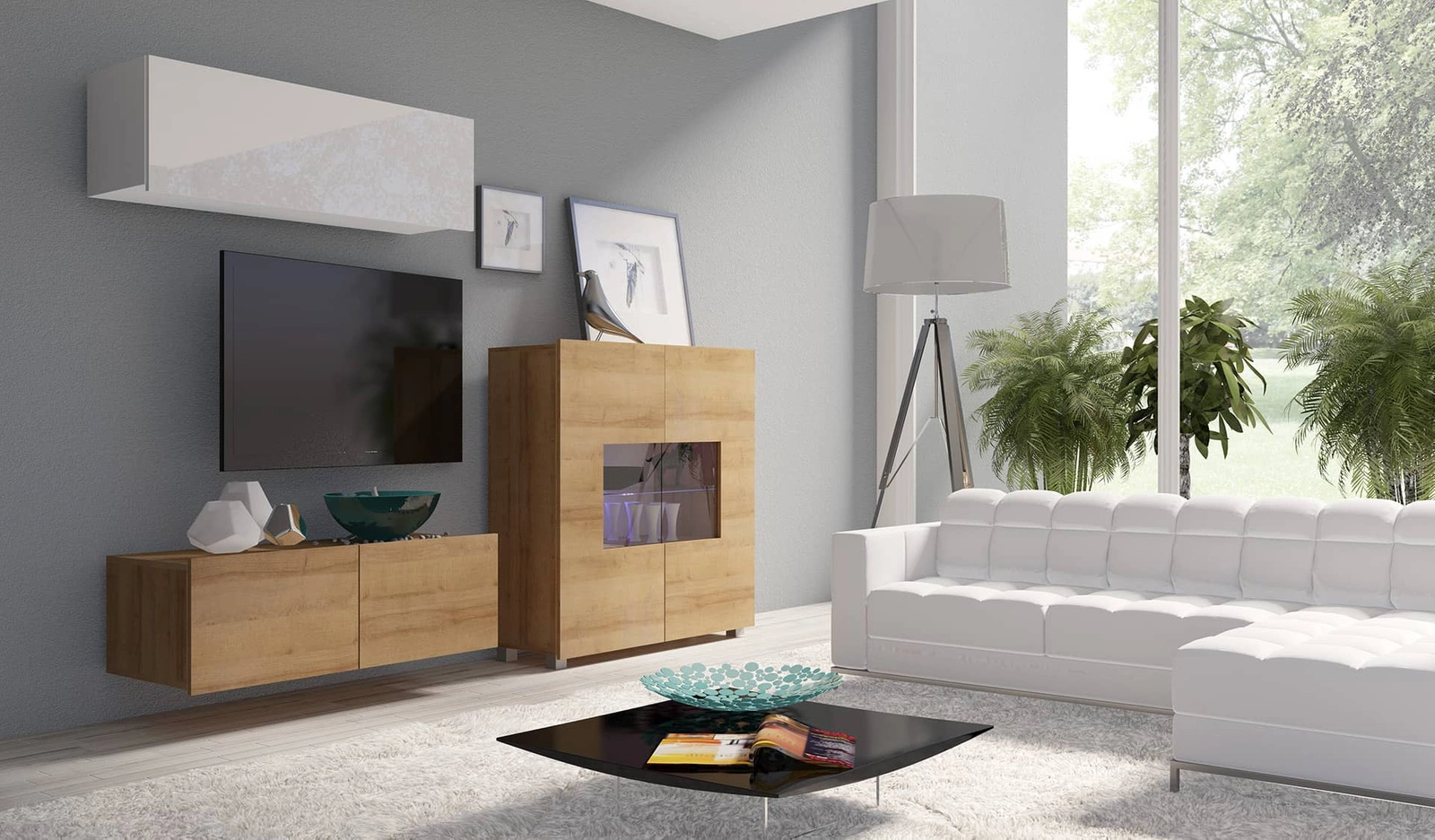 „Apulia IX“ balto blizgaus / auksinio ąžuolo spalvos sieninė spintelė – išskirtinai stilinga, paprastų formų spintelė, tinkanti bet kokiam interjerui