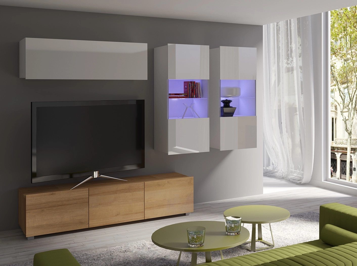 „Apulia VI“ sieninė spintelė, baltai blizgi / auksinio ąžuolo spalvos, išskirtinai stilinga sieninė spintelė, paprastų formų, tinkančių bet kokiam interjerui