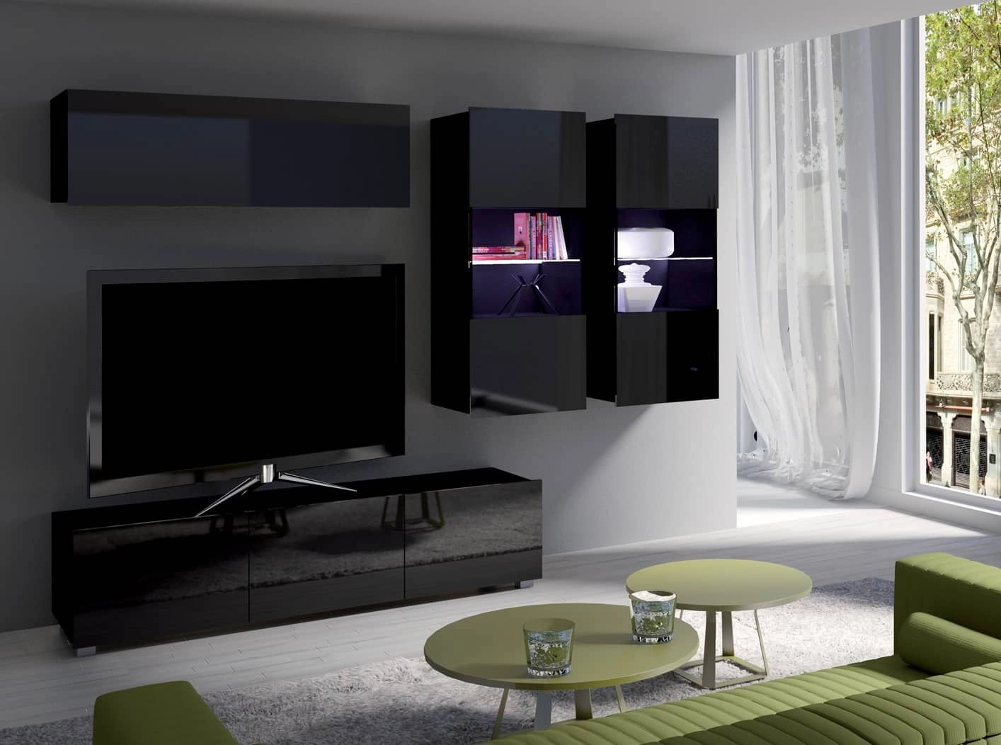 „Apulia VI“ sieninė spintelė, juodai blizgi, išskirtinai stilinga sieninė spintelė, paprastų formų, tinkanti bet kokiam interjerui