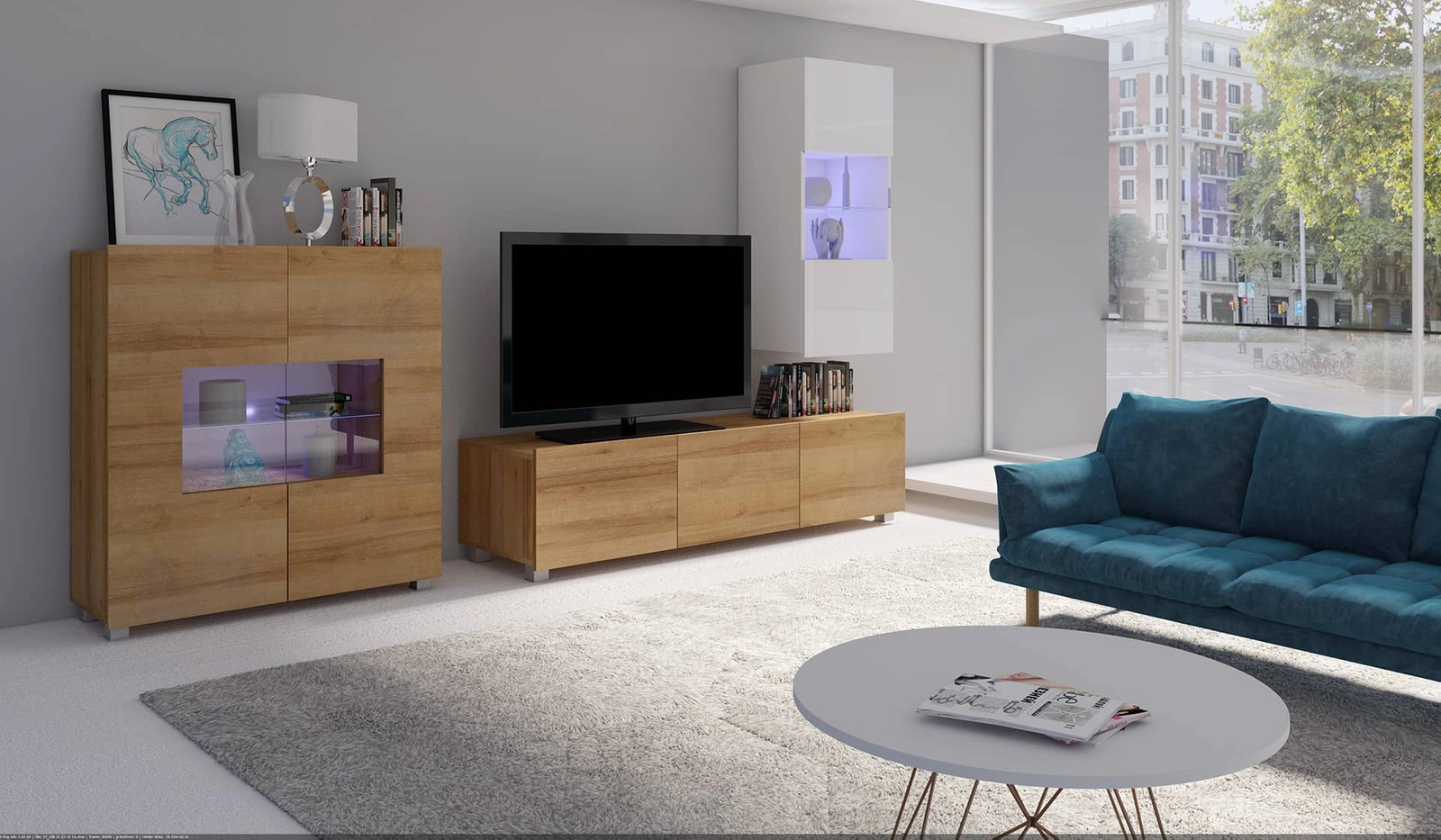 „Apulia VII“ sieninė spintelė, baltai blizgi / auksinio ąžuolo spalvos – išskirtinai stilinga sieninė spintelė, paprastų formų, tinkanti bet kokiam interjerui