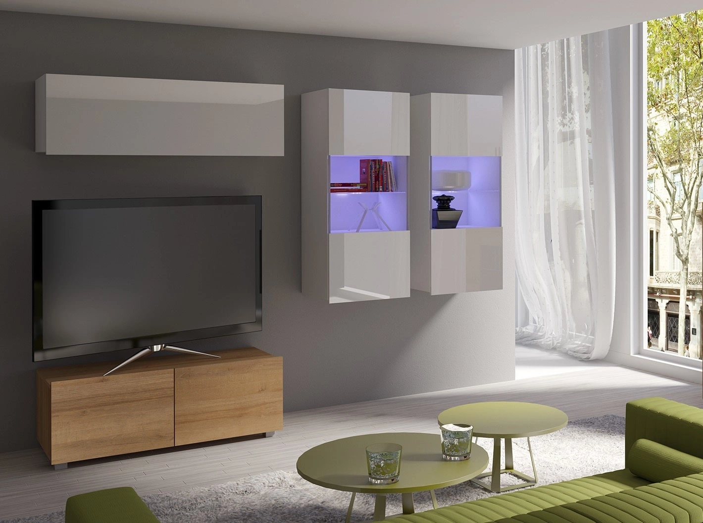 „Apulia XII“ sieninė spintelė, baltai blizgi / auksinio ąžuolo spalvos – išskirtinai stilinga sieninė spintelė, paprastų formų, tinkanti bet kokiam interjerui