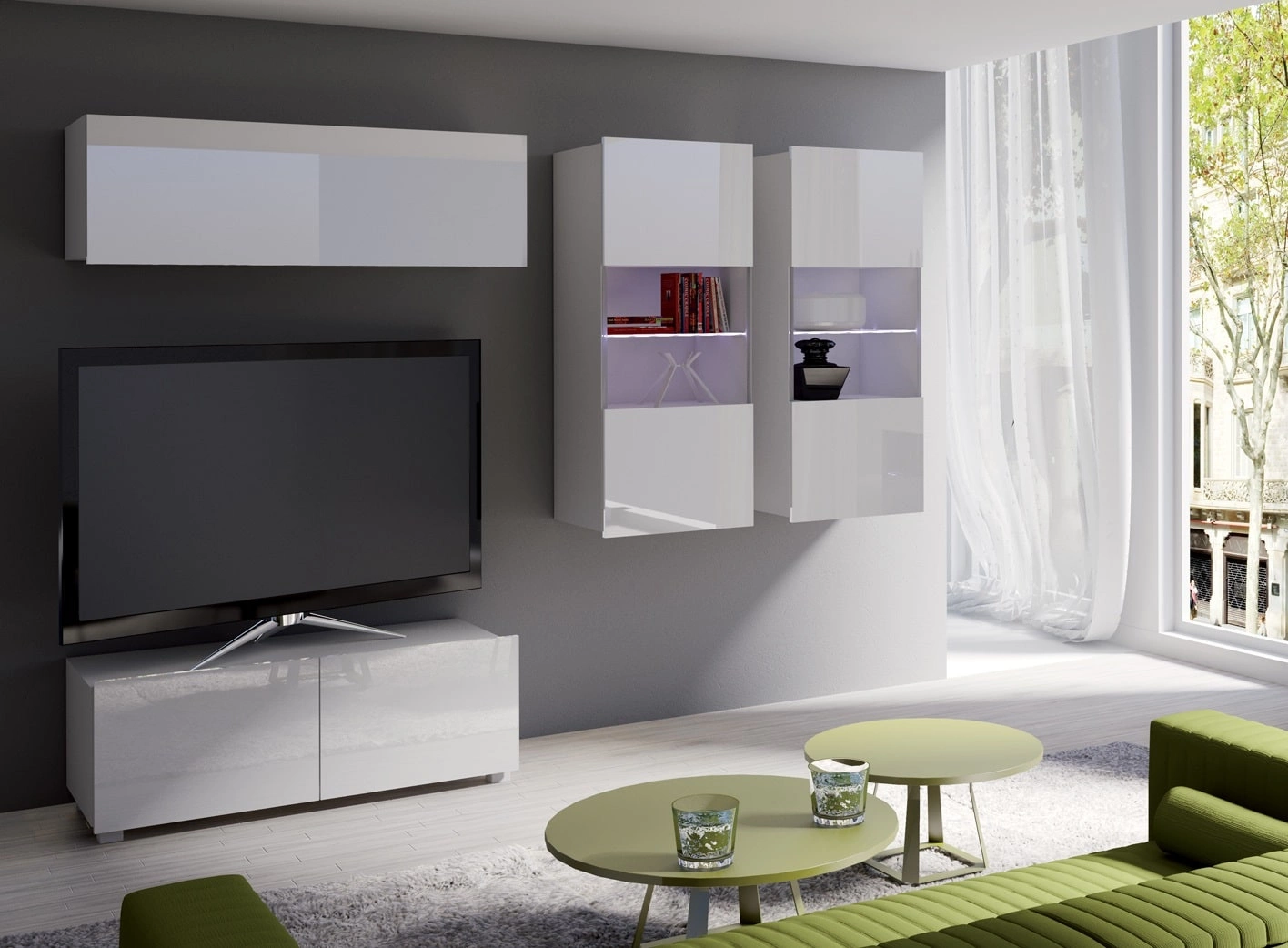 „Apulia XII“ sieninė spintelė, baltai blizgi, išskirtinai stilinga sieninė spintelė, paprastų formų, tinkanti bet kokiam interjerui