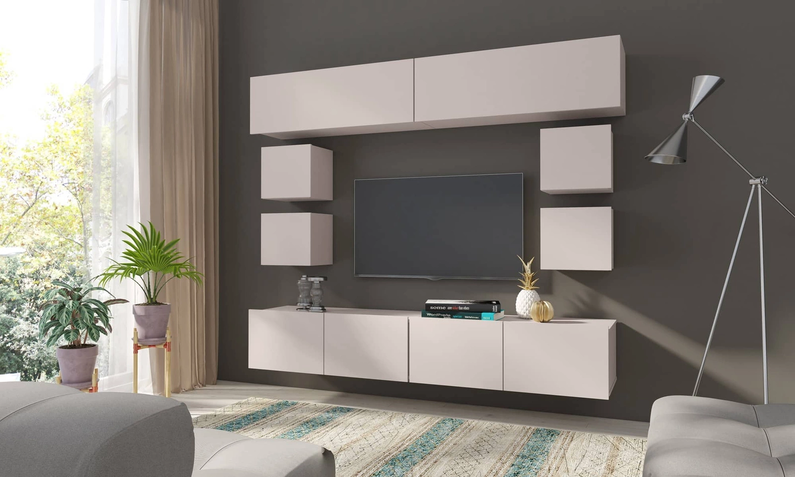 „Apulia XVI“ smėlio spalvos sieninė spintelė – išskirtinai stilinga, paprastų formų spintelė, tinkanti bet kokiam interjerui