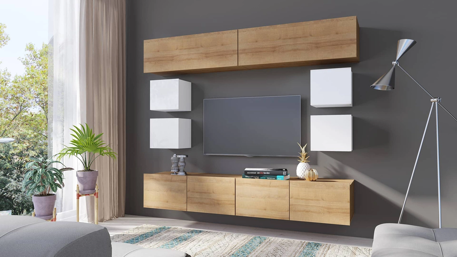 „Apulia XVI“ sieninė spintelė, baltai blizgi / auksinio ąžuolo spalvos – išskirtinai stilinga sieninė spintelė, paprastų formų, tinkanti bet kokiam interjerui