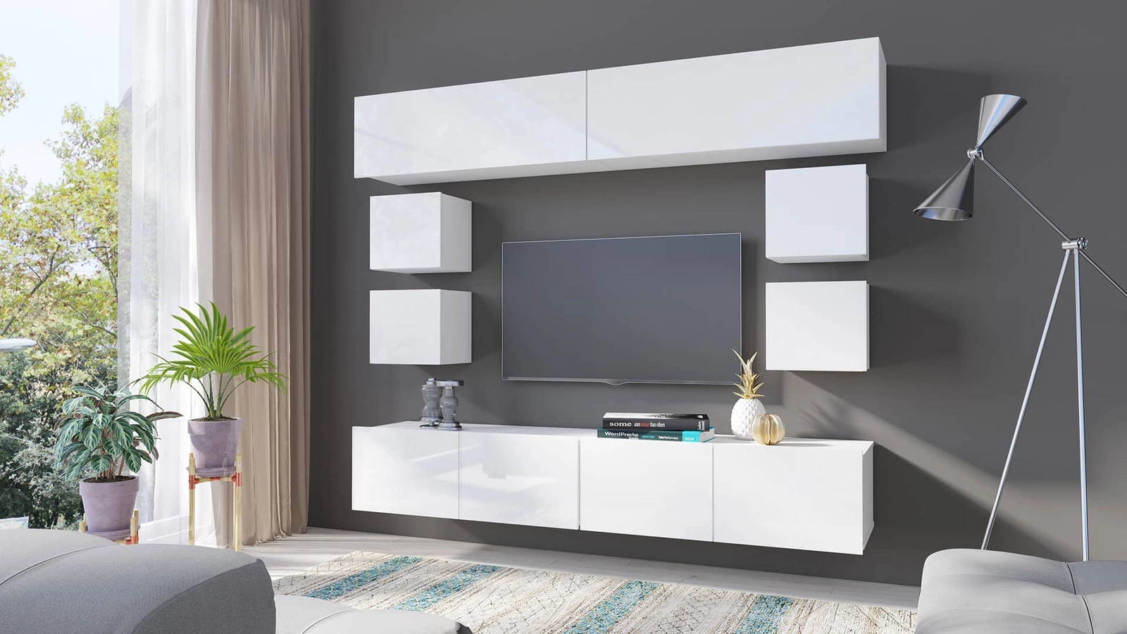 „Apulia XVI“ sieninė spintelė, baltai blizgi, išskirtinai stilinga sieninė spintelė, paprastų formų, tinkanti bet kokiam interjerui