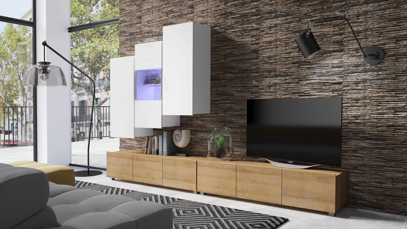 „Apulia XVII“ sieninė spintelė, baltai blizgi / auksinio ąžuolo spalvos – išskirtinai stilinga sieninė spintelė, paprastų formų, tinkanti bet kokiam interjerui