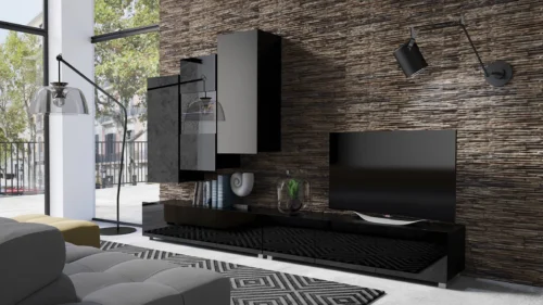 Apulijos XVII sieninė spintelė, juodai blizgi, išskirtinai stilinga sieninė spintelė, paprastų formų, tinkanti bet kokiam interjerui