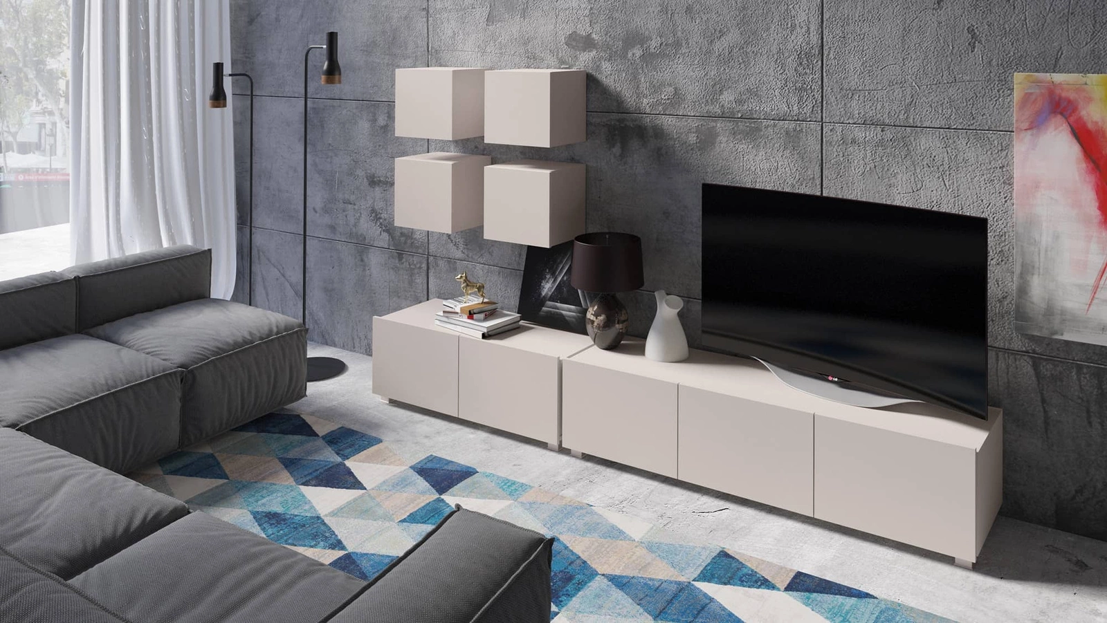 „Apulia XVIII“ smėlio spalvos sieninė spintelė – išskirtinai stilinga, paprastų formų spintelė, tinkanti bet kokiam interjerui