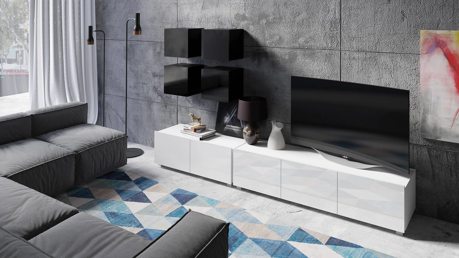 „Apulia XVIII“ sieninė spintelė, baltai blizgi / juodai blizgi, išskirtinai stilinga sieninė spintelė, paprastų formų, tinkanti bet kokiam interjerui