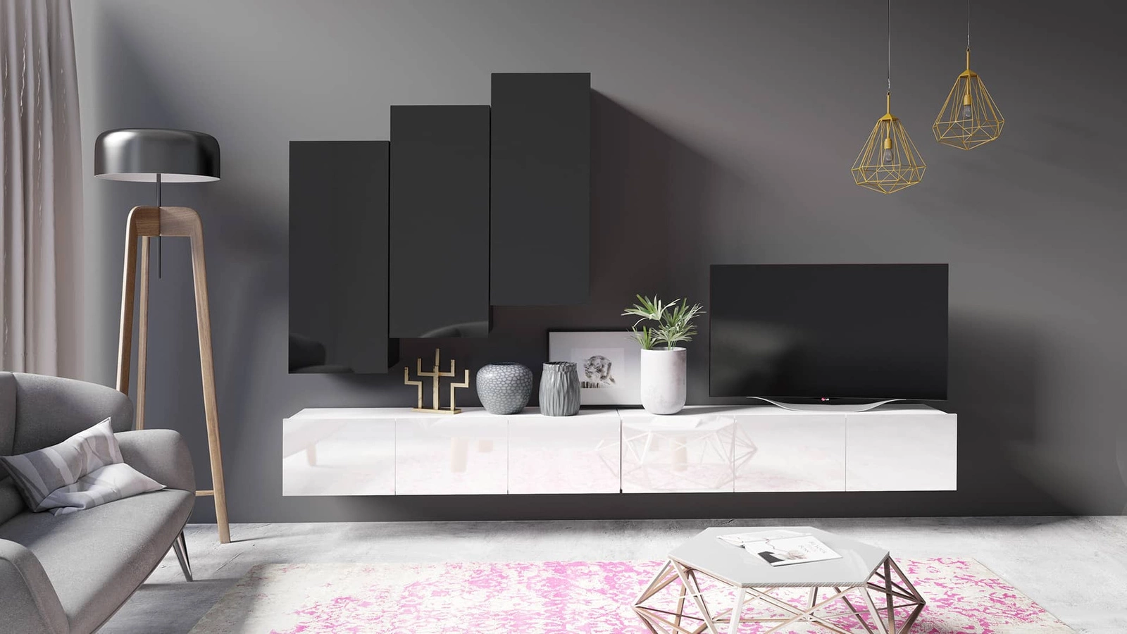 „Apulia XX“ sieninė spintelė, baltai blizgi / juodai blizgi, išskirtinai stilinga sieninė spintelė, paprastų formų, tinkanti bet kokiam interjerui