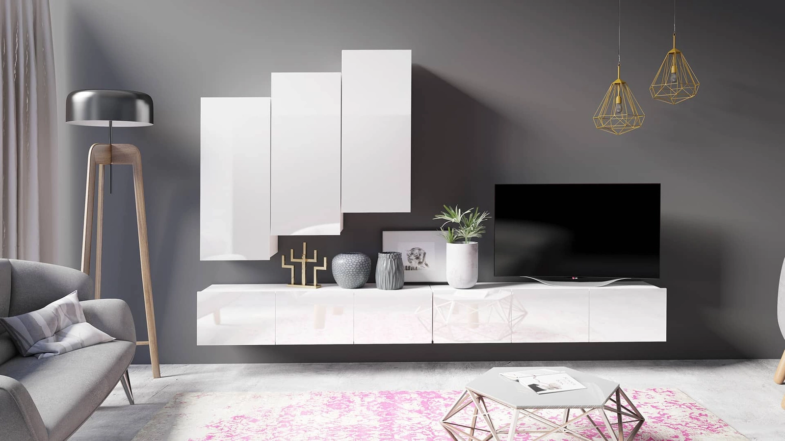 „Apulia XX“ sieninė spintelė, baltai blizgi, išskirtinai stilinga sieninė spintelė, paprastų formų, tinkanti bet kokiam interjerui