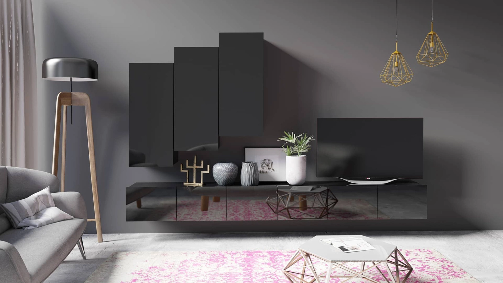 „Apulia XX“ sieninė spintelė, juodai blizgi, išskirtinai stilinga sieninė spintelė, paprastų formų, tinkanti bet kokiam interjerui