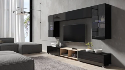 „Apulia XXIV“ sieninė spintelė, juodai blizgi / dirbtinio ąžuolo, išskirtinai stilinga sieninė spintelė, paprastų formų, tinkančių bet kokiam interjerui