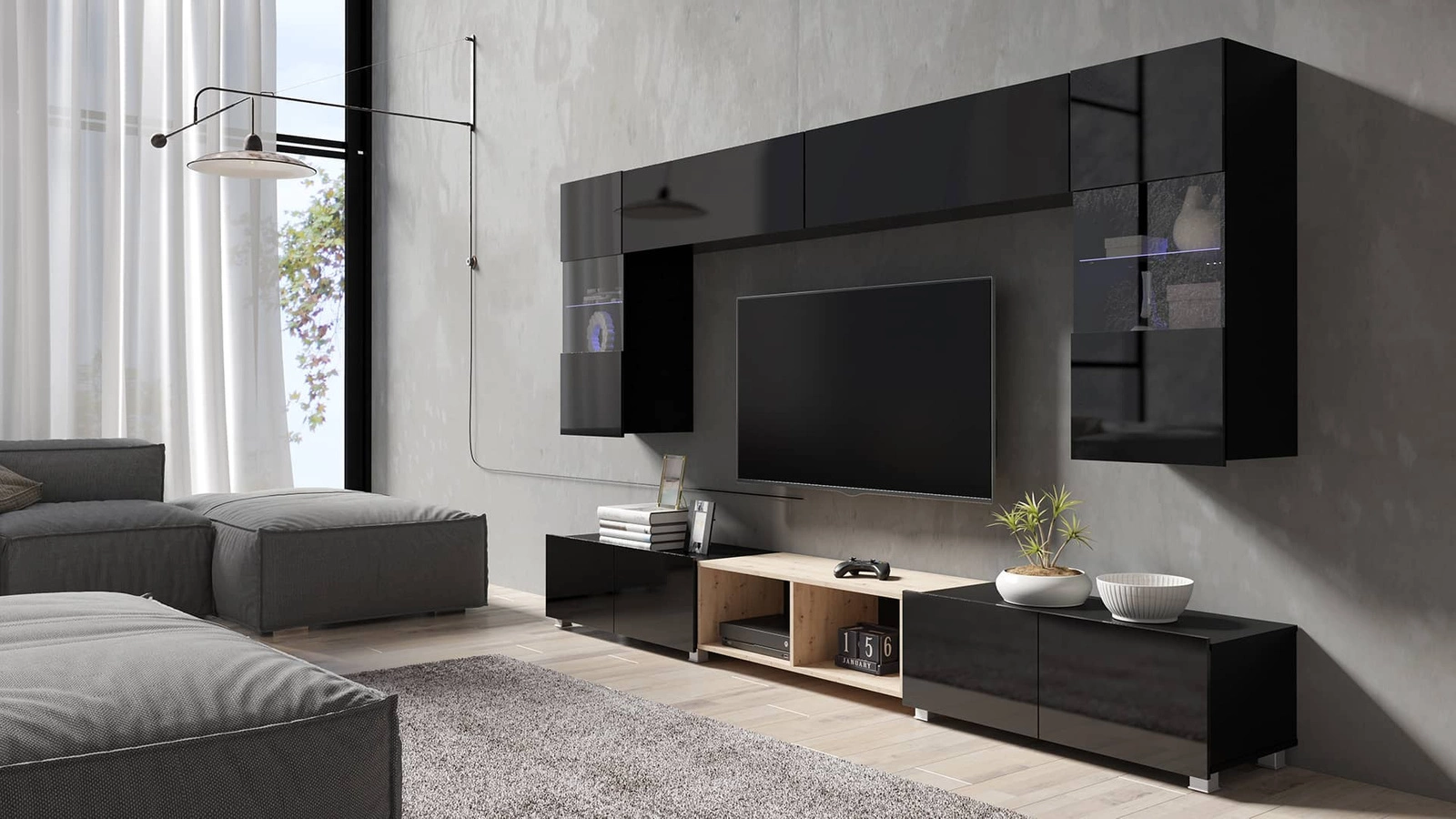 „Apulia XXIV“ sieninė spintelė, juodai blizgi / dirbtinio ąžuolo, išskirtinai stilinga sieninė spintelė, paprastų formų, tinkančių bet kokiam interjerui