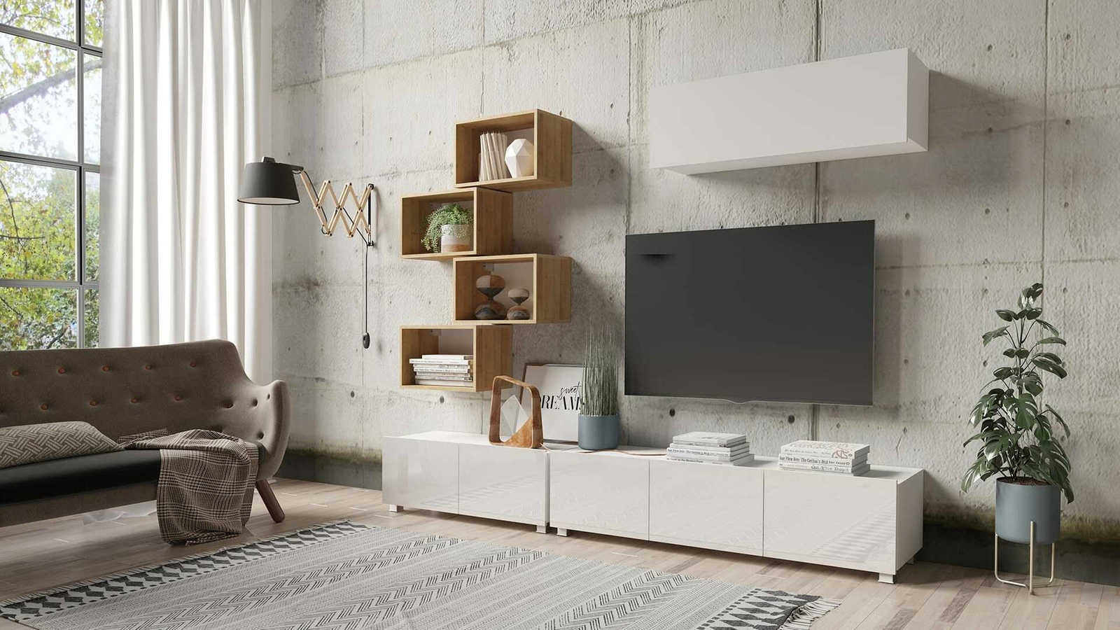 „Apulia XXIX“ balto blizgaus / auksinio ąžuolo spalvos sieninė spintelė – išskirtinai stilinga, paprastų formų spintelė, tinkanti bet kokiam interjerui