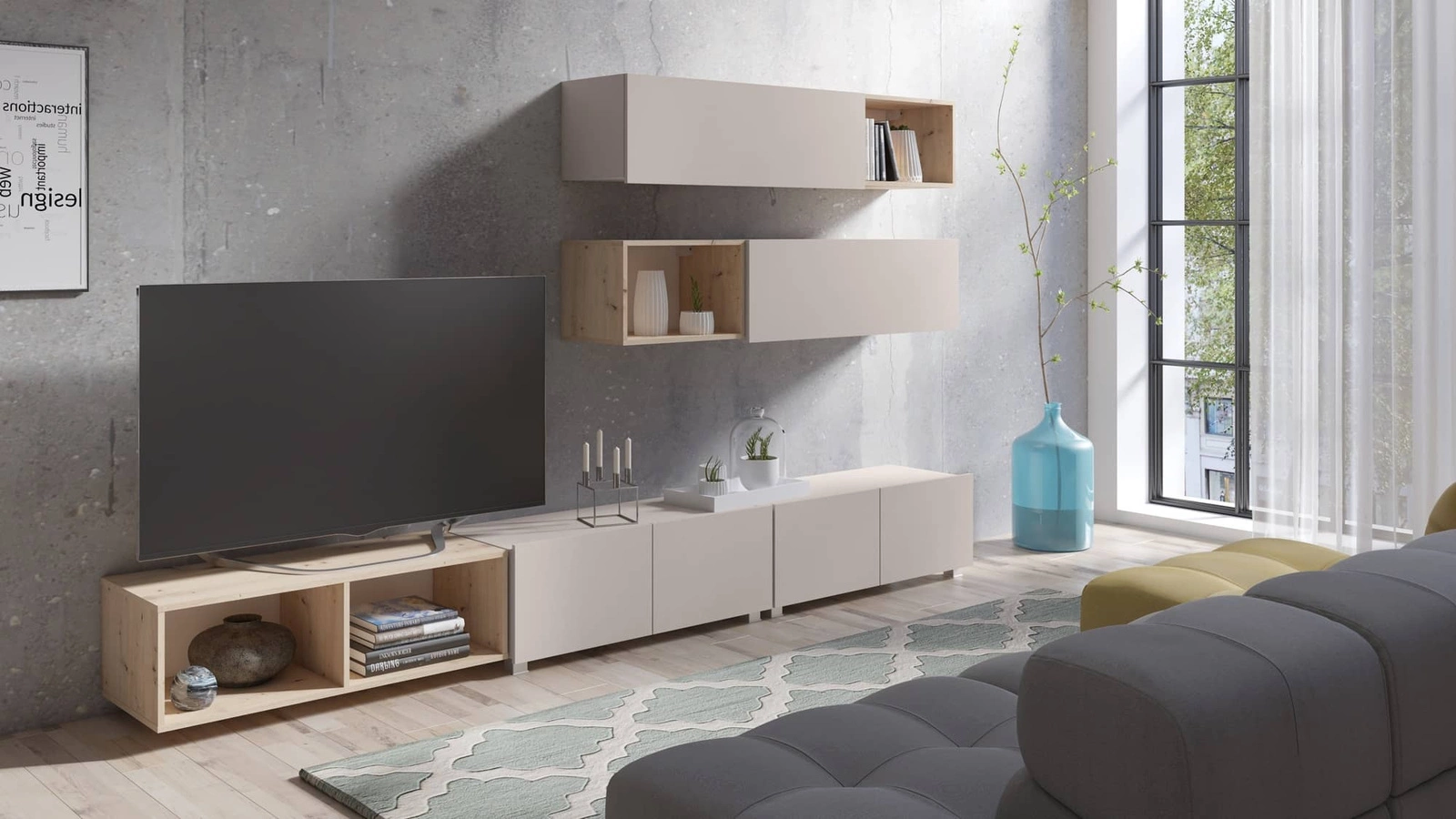 „Apulia XXV“ smėlio / auksinio ąžuolo spalvos sieninė spintelė – išskirtinai stilinga, paprastų formų spintelė, tinkanti bet kokiam interjerui