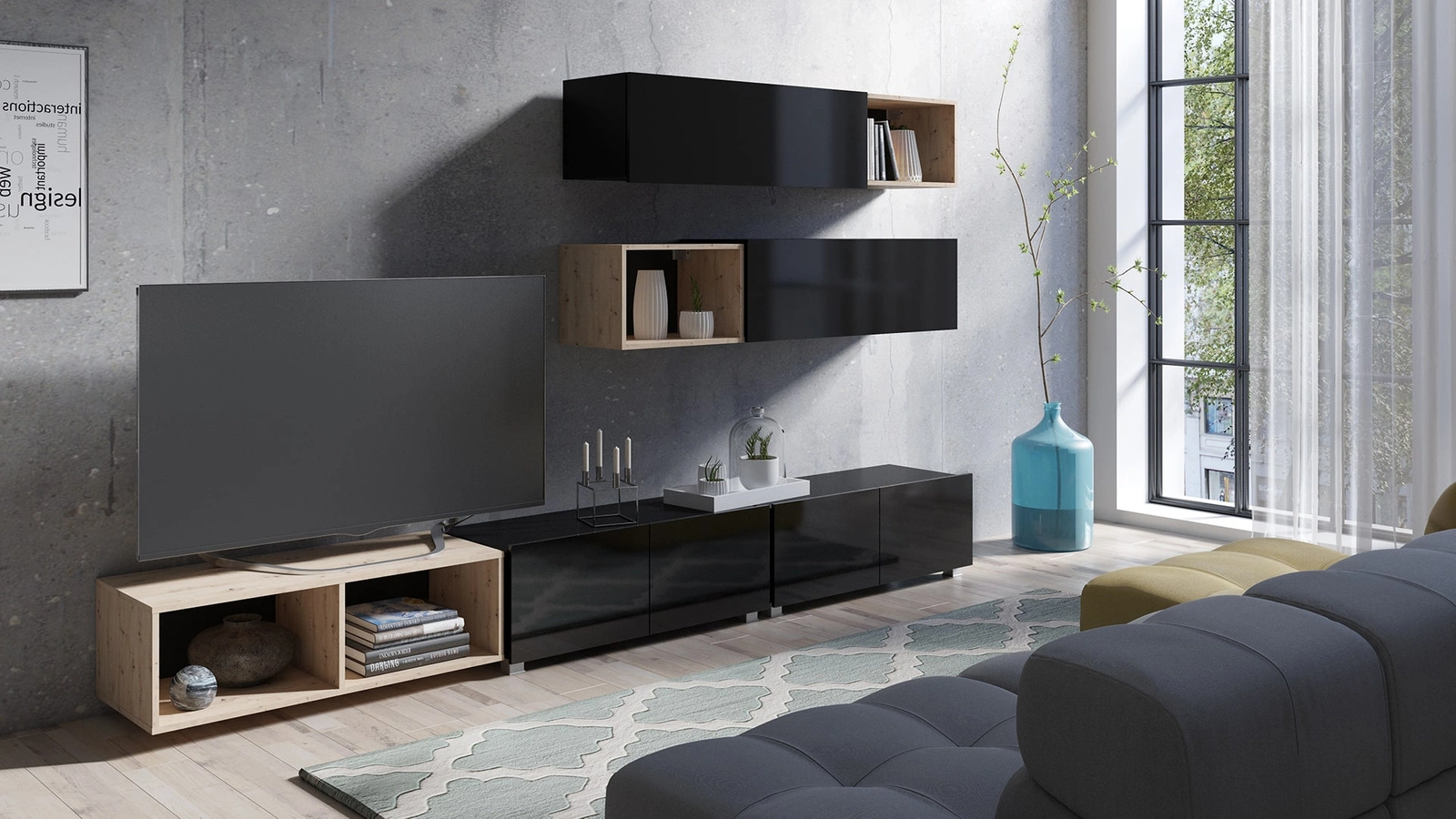 „Apulia XXV“ sieninė spintelė, juodai blizgi / dirbtinio ąžuolo spalvos, išskirtinai stilinga sieninė spintelė, paprastų formų, tinkančių bet kokiam interjerui