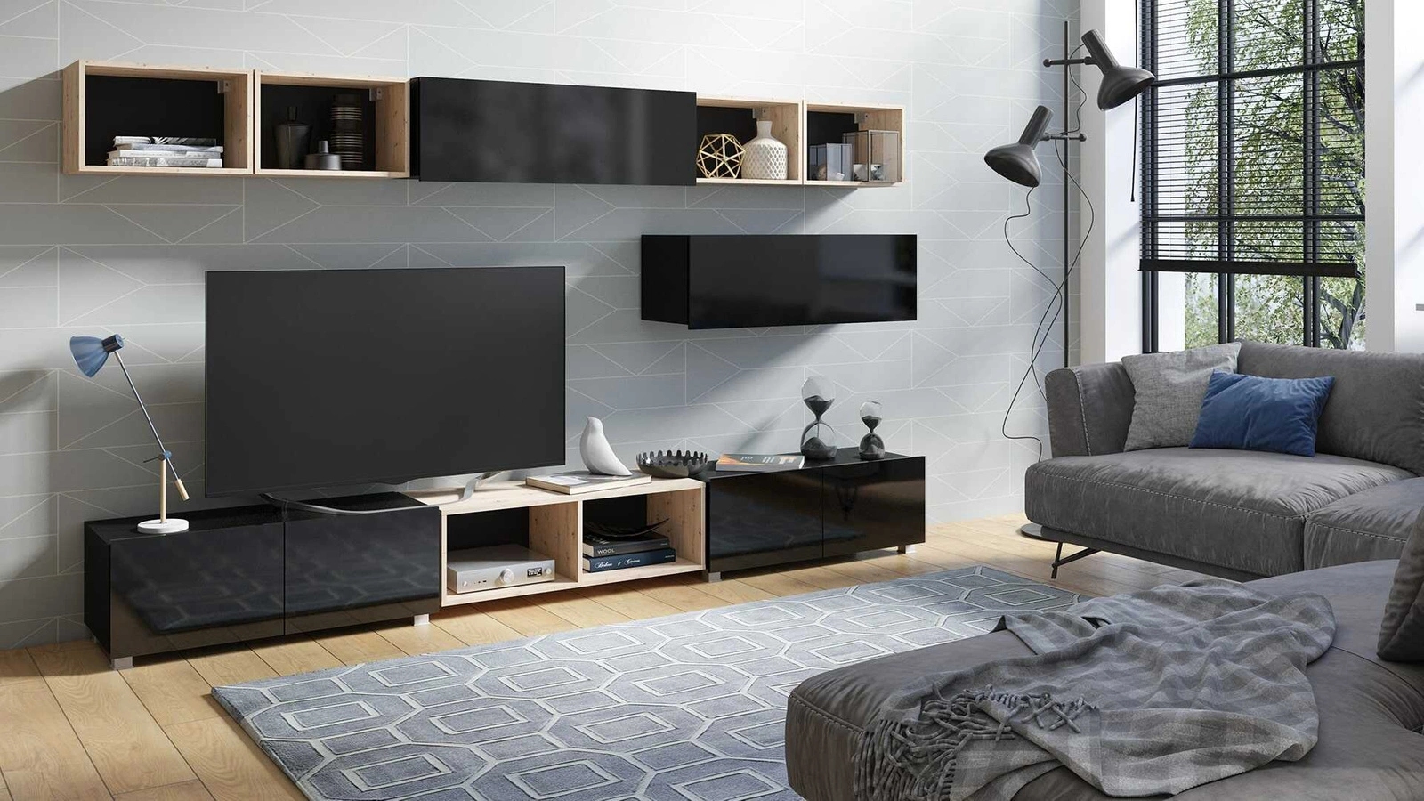 „Apulia XXVI“ sieninė spintelė, juodai blizgi / dirbtinio ąžuolo spalvos, išskirtinai stilinga sieninė spintelė, paprastų formų, tinkančių bet kokiam interjerui