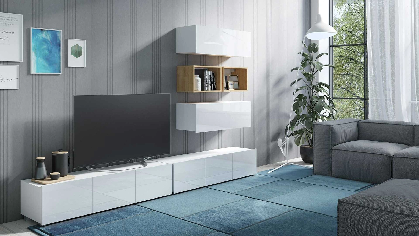 „Apulia XXVII“ sieninė spintelė, baltai blizgi / auksinio ąžuolo spalvos, išskirtinai stilinga sieninė spintelė, paprastų formų, tinkanti bet kokiam interjerui