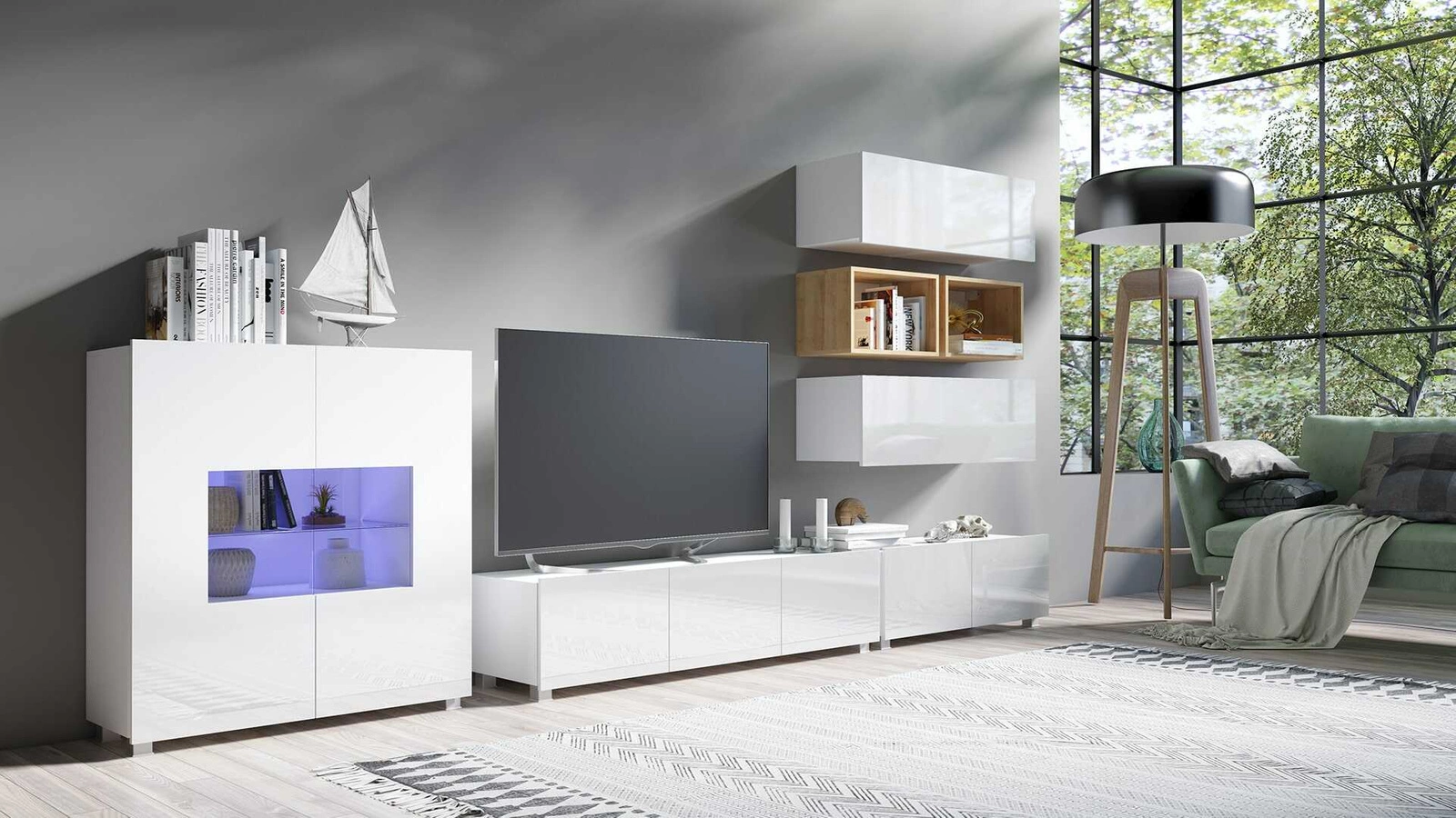 „Apulia XXVIII“ sieninė spintelė, baltai blizgi / auksinio ąžuolo spalvos, išskirtinai stilinga sieninė spintelė, paprastų formų, tinkanti bet kokiam interjerui