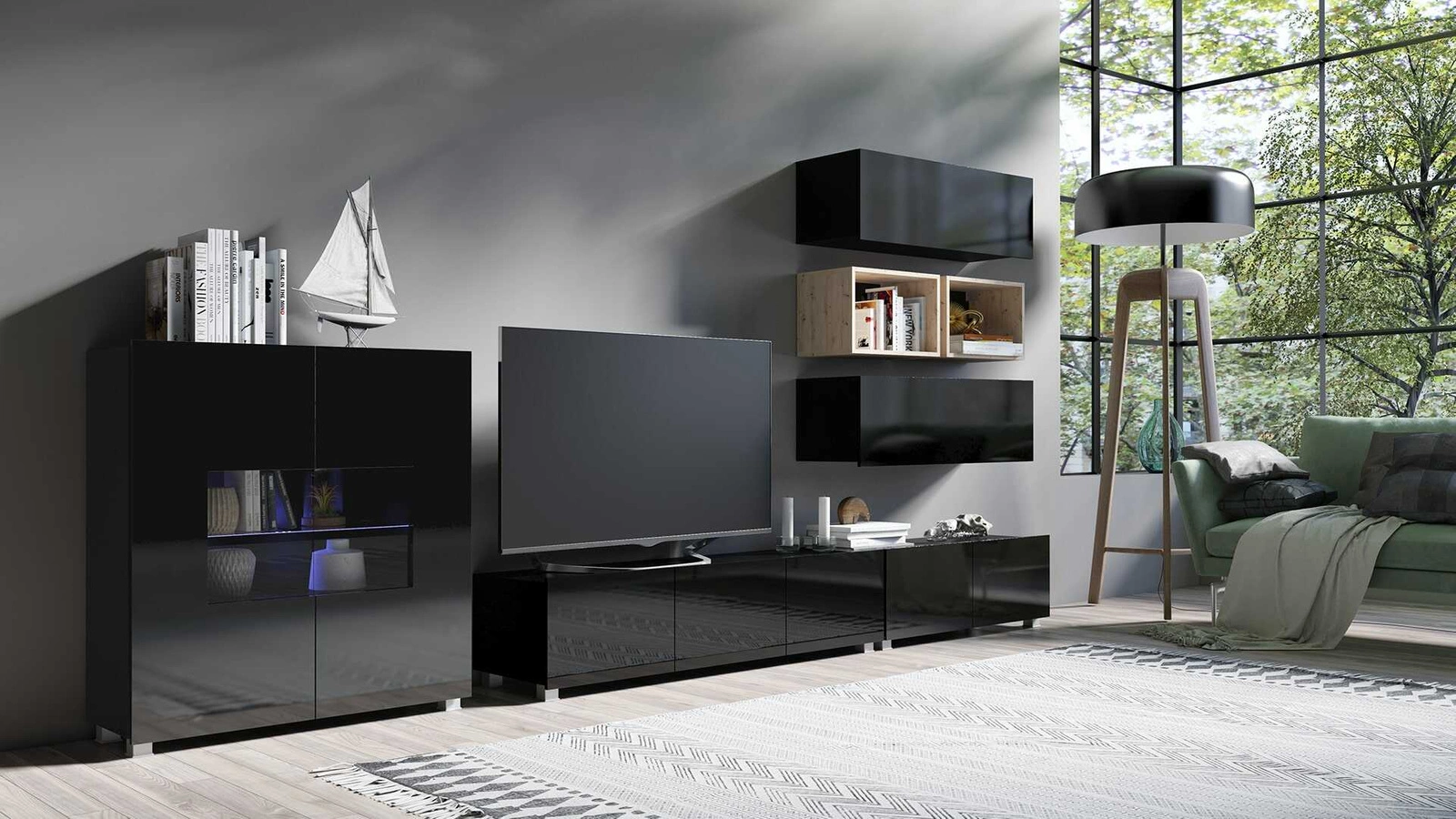 „Apulia XXVIII“ sieninė spintelė, juodai blizgi / ąžuolo imitacijos – išskirtinai stilinga sieninė spintelė, paprastų formų, tinkanti bet kokiam interjerui