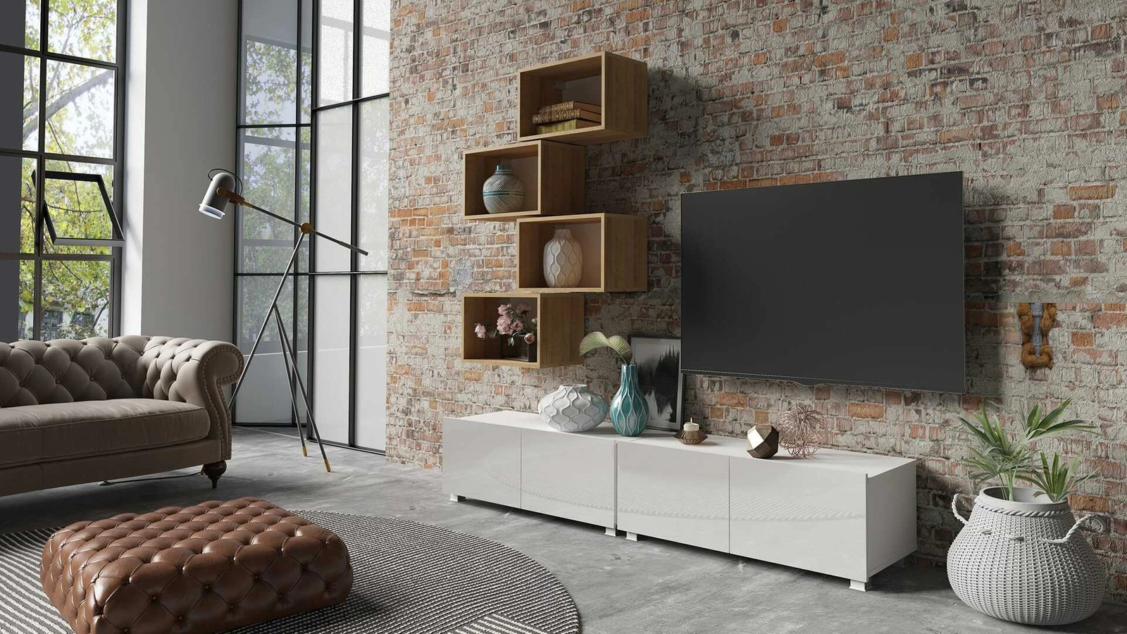 „Apulia XXX“ sieninė spintelė, baltai blizgi / auksinio ąžuolo spalvos – išskirtinai stilinga sieninė spintelė, paprastų formų, tinkanti bet kokiam interjerui