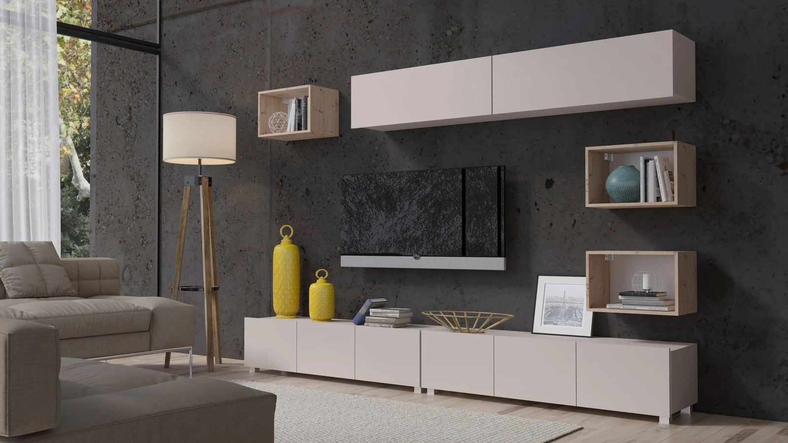 Apulijos XXXI smėlio / auksinio ąžuolo spalvos sieninė spintelė, išskirtinai stilinga, paprastų formų, tinkanti bet kokiam interjerui