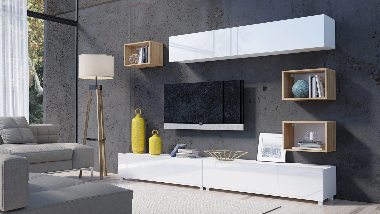 „Apulia XXXI“ sieninė spintelė, baltai blizgi / auksinio ąžuolo spalvos – išskirtinai stilinga sieninė spintelė, paprastų formų, tinkanti bet kokiam interjerui