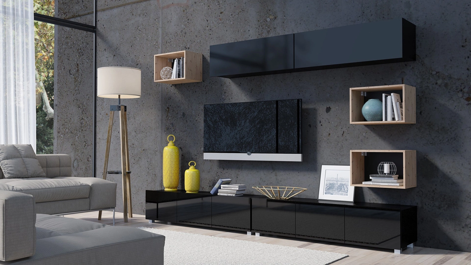 „Apulia XXXI“ sieninė spintelė, juodai blizgi / dirbtinio ąžuolo, išskirtinai stilinga sieninė spintelė, paprastų formų, tinkanti bet kokiam interjerui