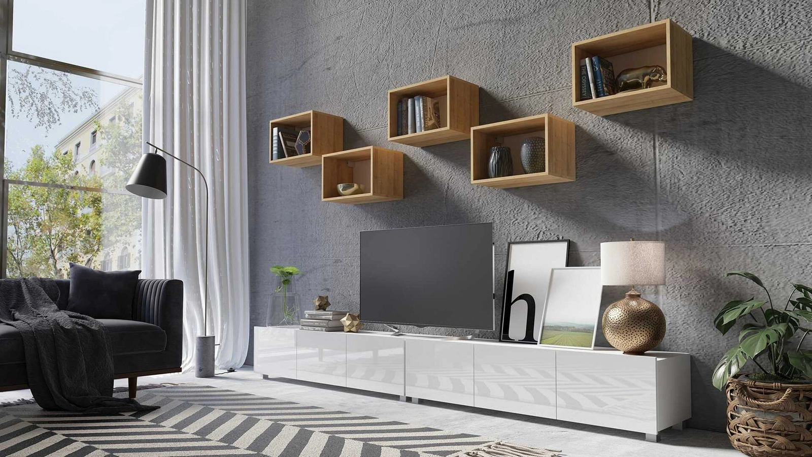 „Apulia XXXII“ sieninė spintelė, baltai blizgi / auksinio ąžuolo spalvos – išskirtinai stilinga sieninė spintelė, paprastų formų, tinkanti bet kokiam interjerui