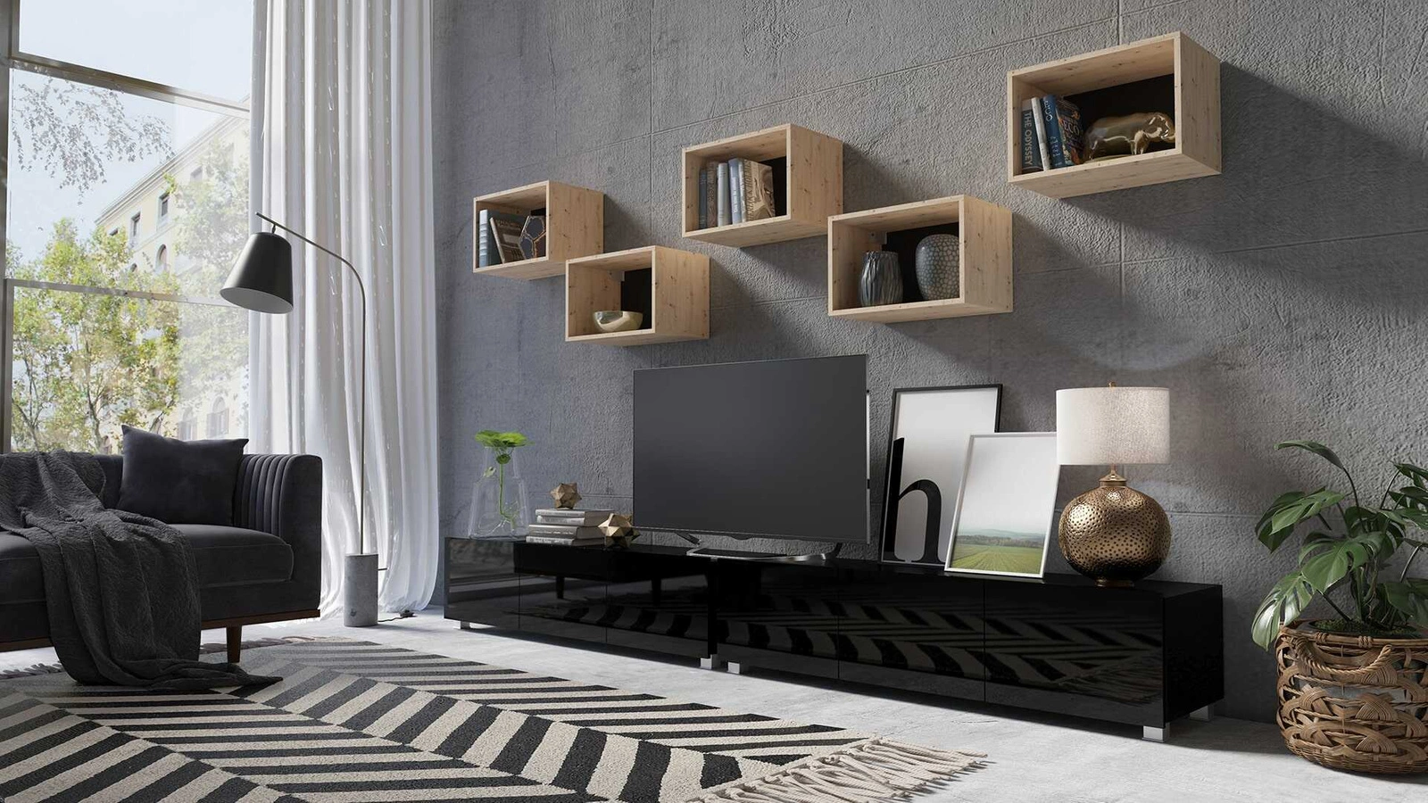 „Apulia XXXII“ sieninė spintelė, juodai blizgi / dirbtinio ąžuolo, išskirtinai stilinga sieninė spintelė, paprastų formų, tinkanti bet kokiam interjerui