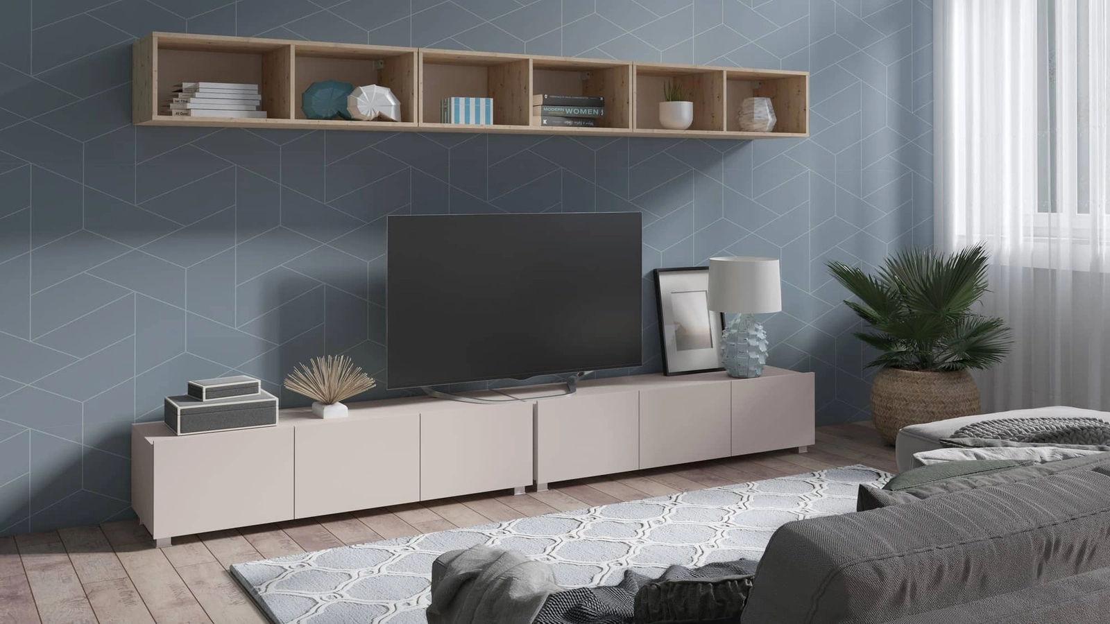 Apulijos XXXIII smėlio / auksinio ąžuolo spalvos sieninė spintelė, išskirtinai stilinga, paprastų formų, tinkanti bet kokiam interjerui