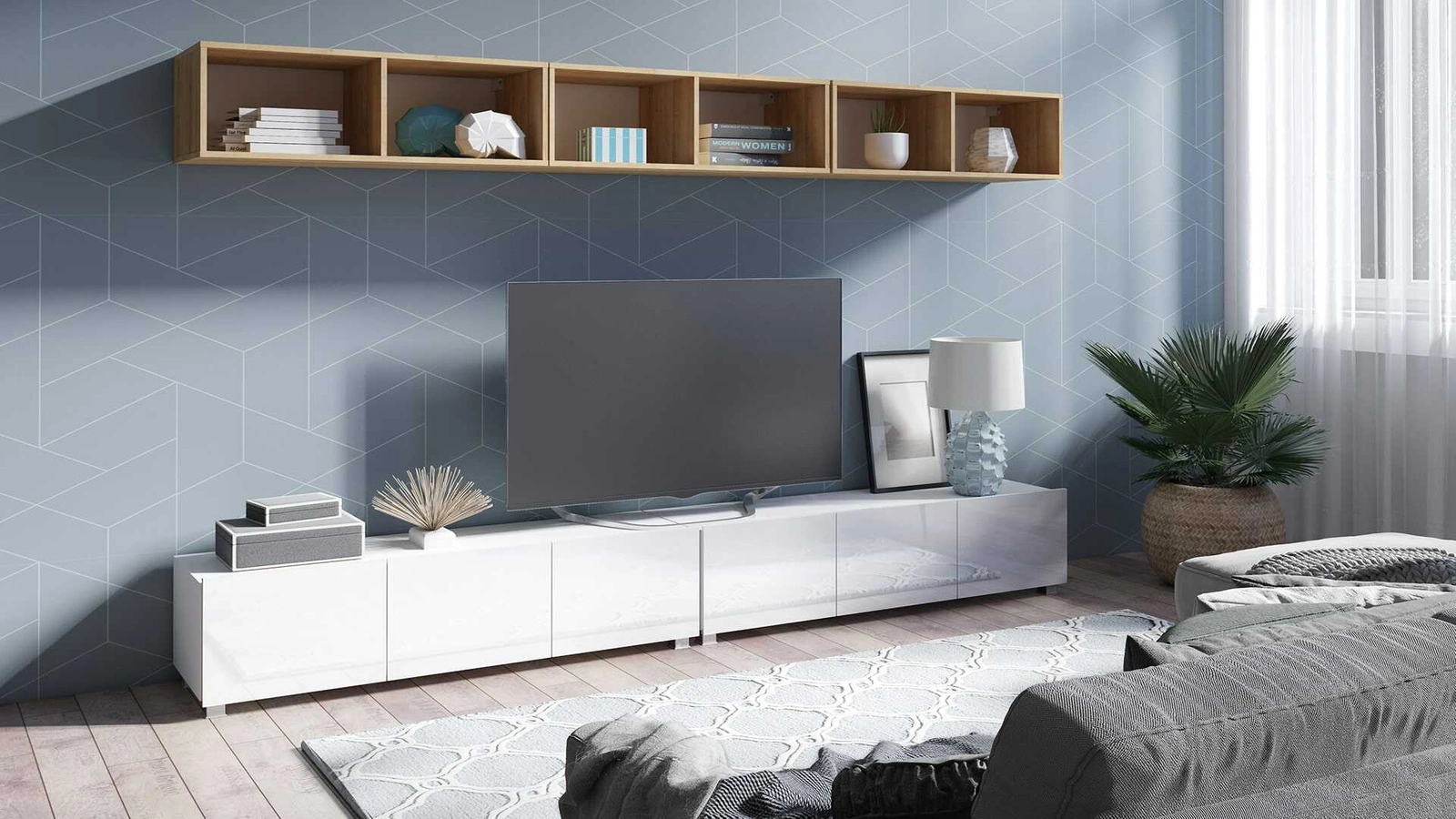 „Apulia XXXIII“ sieninė spintelė, baltai blizgi / auksinio ąžuolo spalvos – išskirtinai stilinga sieninė spintelė, paprastų formų, tinkanti bet kokiam interjerui