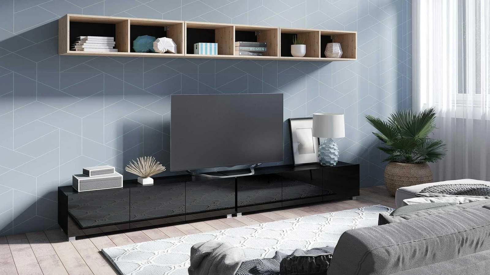 „Apulia XXXIII“ sieninė spintelė, juodai blizgi / dirbtinio ąžuolo, išskirtinai stilinga sieninė spintelė, paprastų formų, tinkanti bet kokiam interjerui