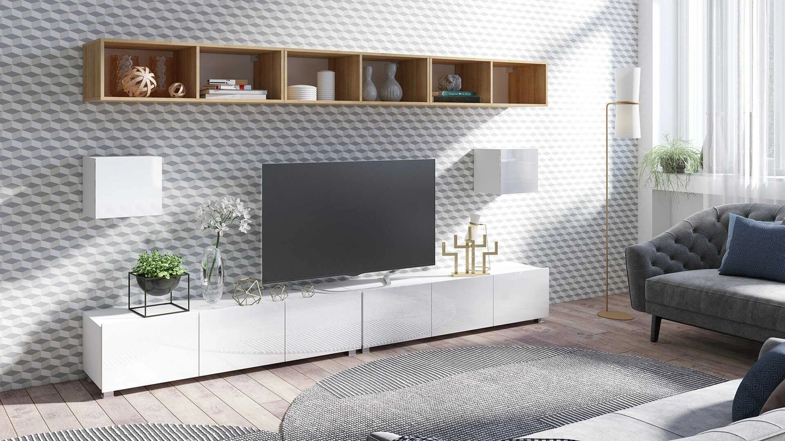 „Apulia XXXIV“ sieninė spintelė, baltai blizgi / auksinio ąžuolo spalvos – išskirtinai stilinga sieninė spintelė, paprastų formų, tinkanti bet kokiam interjerui