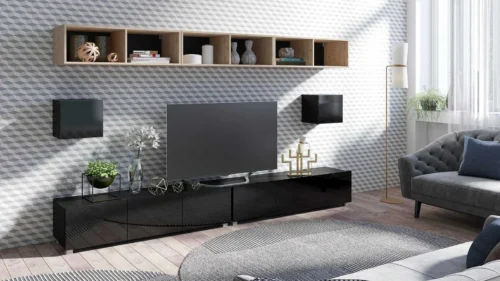 „Apulia XXXIV“ sieninė spintelė, juodai blizgi / dirbtinio ąžuolo, išskirtinai stilinga sieninė spintelė, paprastų formų, tinkančių bet kokiam interjerui